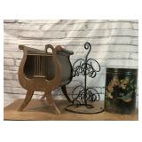 VTG MAGAZINE RACK, TOLE WASTEBASKET, WINE
