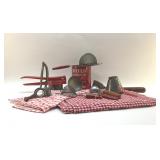 ASSORTED RED HANDLED KITCHEN TOOLS