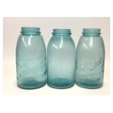 3 VTG BLUE GLASS BALL MASON JARS