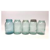 5 VTG BLUE GLASS BALL MASON JARS