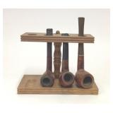 Wooden Pipe Stand & Assorted Tobacco Pipes
