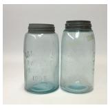 2 PATENT 1858 BLUE GLASS MASON JARS