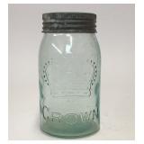 VTG Aqua Glass A5 Crown Mason Jar