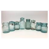 8 VTG ASSORTED BLUE GLASS CANNING JARS