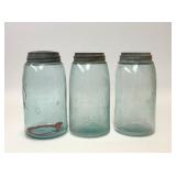 3 PATENT 1858 BLUE GLASS MASON JARS
