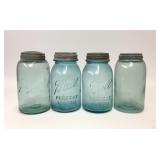 4 VTG BLUE GLASS BALL MASON JARS