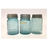 3 VTG Blue Glass Ball Perfect Mason Jars