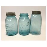 3 VTG BLUE ASSORTED GLASS MASON CANNING JARS