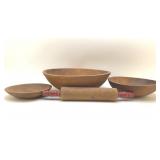 VINTAGE WOODEN BOWL, RED HANDLED, ROLLING PIN