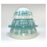 3 PYREX AMISH BUTTER, PRINT TURQUOISE BOWLS