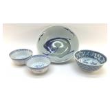 4 ASIAN BOWLS 9" BLUE/WHITE