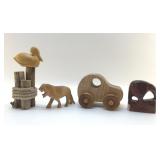 ASSORTED WOOD CARVING, PELICAN, CAR, LION KIWI