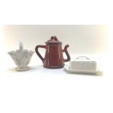 POTTERY BASKET, TEAPOT, BUTTER KEEPER