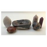 6 QUARTZ CRYSTALS, OBELISKS, SPHERE