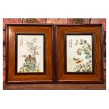 2 FRAMED CHINESE BIRDS PAINTED TILES SHANGHAI