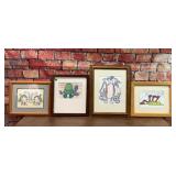 4 FRAMED CARTOON ANIMAL MARKER DRAWINGS