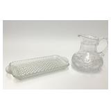 CLEAR ETCHED CRYSTAL PITCHER & GLASS TRAY