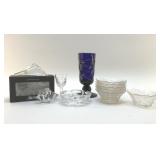 VINTAGE GLASSWARE, BERRY BOWLS, COBALT VASE