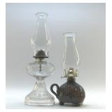2 VTG OIL LAMPS, POTTERY, GLASS