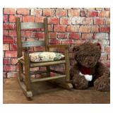 VTG CHILDS WOOD WOVEN SEAT ROCKING CHAIR