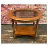OVAL WOOD GLASS INSERT END TABLE BRASS ACCENTS