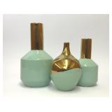 3 MINT GREEN GOLD DIPPED CERAMIC VASES