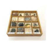 WOOD DISPLAY BOX ASSORTED ROCKS & MINERALS