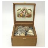 ASSORTED ROCKS MINERALS IN CIGAR BOX