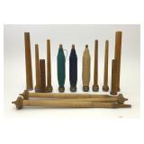 VTG ASSORTED TEXTILE DROP SPINDLES & WOOD BOBBINS