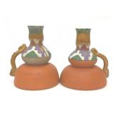 2 TERRACOTTA FOLK ART MEZCAL WORM CANDLEHOLDERS