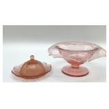 PINK DEPRESSION GLASS COMPOTE, COVERED BUTTER