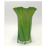 MURANO STYLE GREEN YELLOW ART GLASS RUFFLE VASE