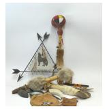 ASSORTED NATIVE AMERICAN WEAPONS RATTLE STAFF ETC