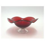 VTG RUBY RED BLOWN GLASS WAVY EDGE PEDESTAL BOWL