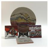 SOUTHWEST POTTERY PLATE, 3 CERAMIC TILES