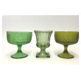 3 VTG GREEN GLASS OAK LEAF PEDESTAL BOWL PLANTERS