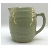 BARREL POTTERY PITCHER GREEN GLAZED