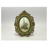 VTG ORNATE GOLD GREEN OVAL METAL FRAME NEEDLEPOINT