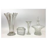 4 ASSORTED PIECES CLEAR CLASS VASES BASKET BOX