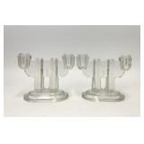 PAIR ART DECO CLEAR GLASS DOUBLE CANDLEHOLDERS