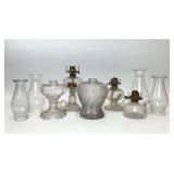 ASSORTED VTG CLEAR GLASS OIL LAMP BASES SHADES