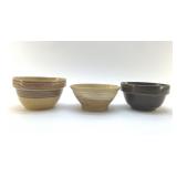 3 ANTIQUE YELLOWARE MIXING BOWLS, BROWN BOWL