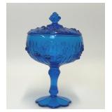 FENTON BLUE CABBAGE ROSE GLASS LIDDED CANDY DISH