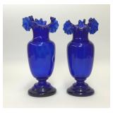 2 ANTIQUE COBALT BLUE RUFFLED RIM GLASS VASES
