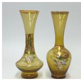 2 BOHEMIAN AMBER GLASS VASES HAND PAINTED FLORAL