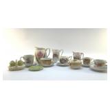 ANTIQUE TEA CUPS, PITCHERS, HAIR RECEIVER