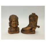 2 VTG COPPER TONE COWBOY INDIANS COIN BANKS