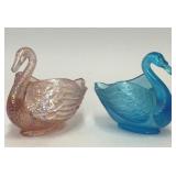 2 SMALL BLUE PINK OPEN GLASS SWAN CANDY DISHES
