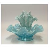 VTG FENTON GLASS AQUA BLUE HOBNAIL 3-HORN EPERGNE