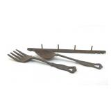 FORGED CAST IRON FORK, SPOON, AND POT RACK